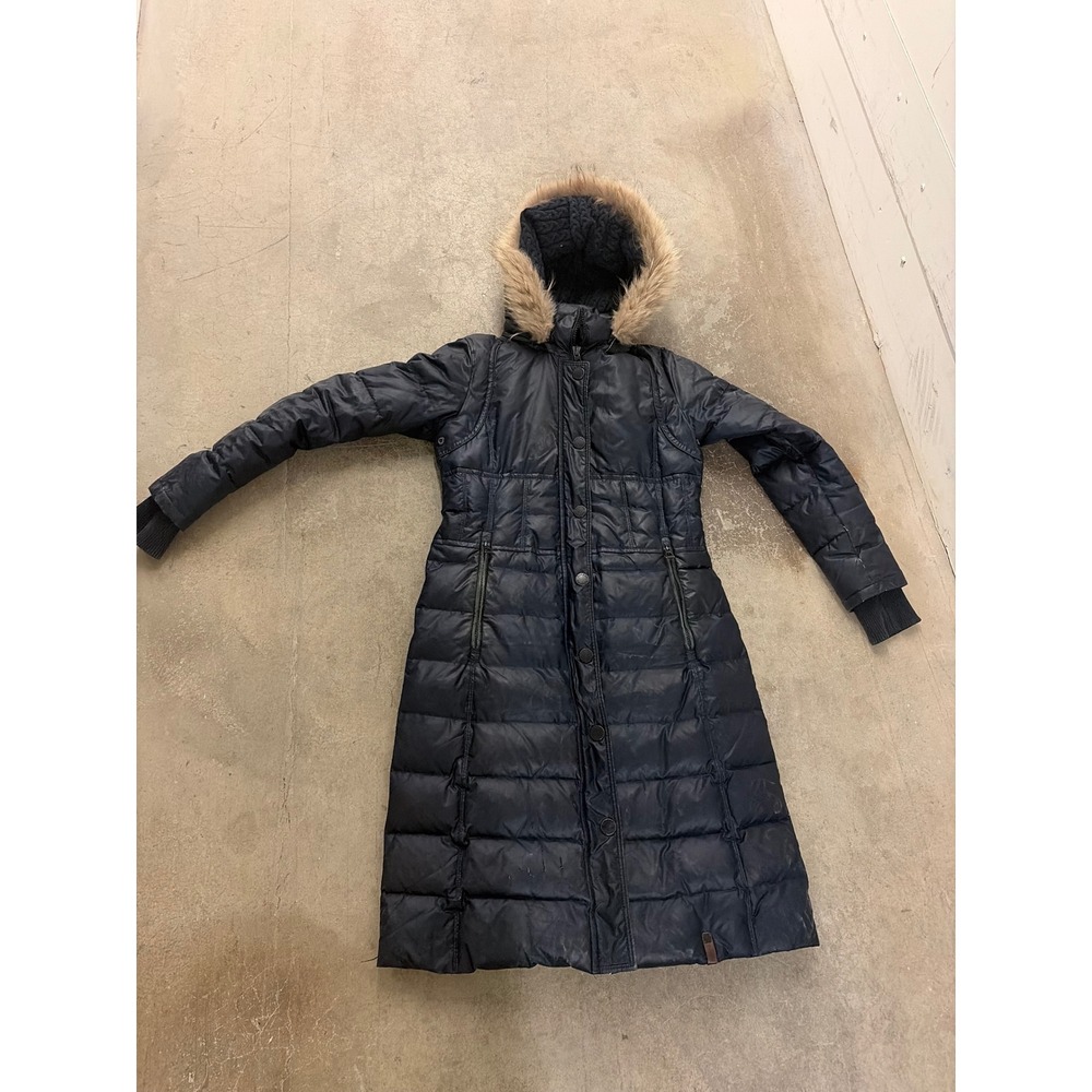 Rudsak Women Navy Blue Long Puffer Coat Natural Raccoon Fur Trim Hood Parka